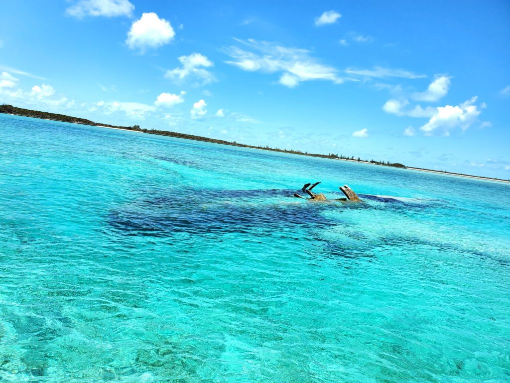 Staniel Cay, Exuma Bahamas Clear turquoise ocean with a partially submerged shipwreck. Bright sky with scattered clouds in the background.