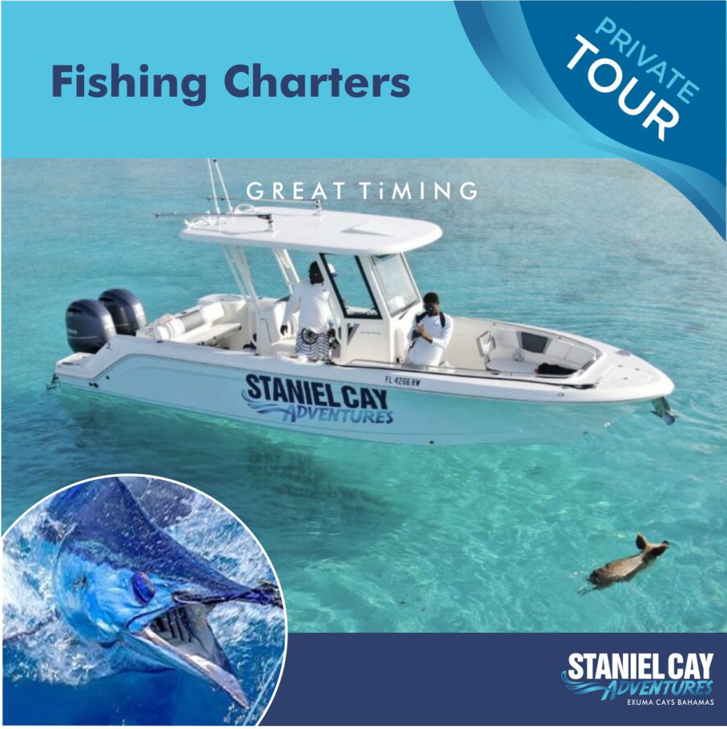 Explore the stunning Exuma Cays in the Bahamas on a Fishing Charter Miss Tress tour featuring a boat in the water.