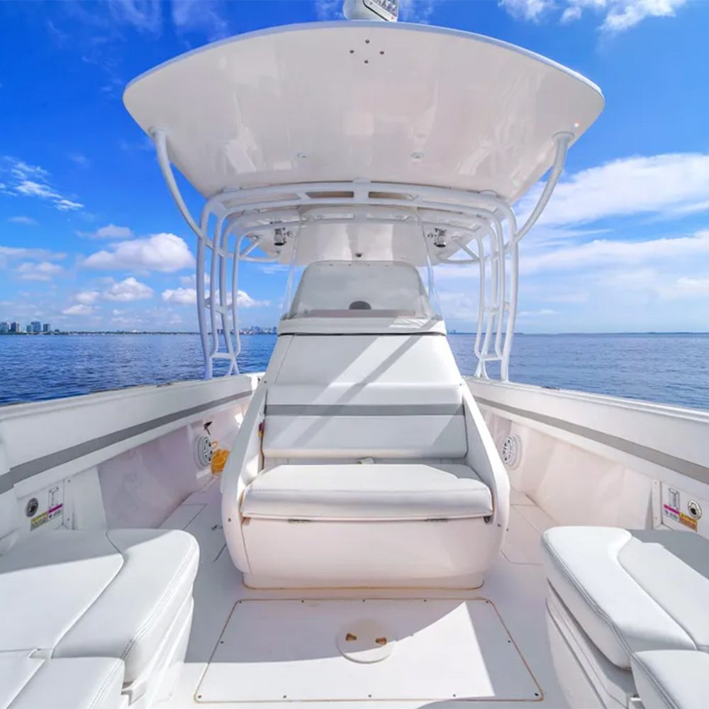 Staniel Cay, Exuma Bahamas View from the deck of a white motorboat with cushioned seating and a shaded canopy, floating on calm water under a partly cloudy sky. Swimming Pigs Tours, Fishing and more!