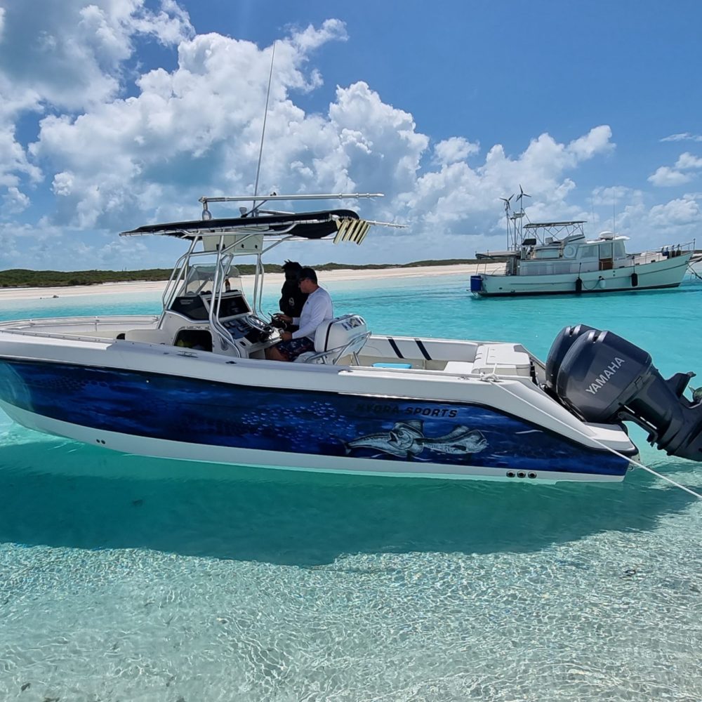 Staniel Cay, Exuma Bahamas A motorboat with a nautical graphic is anchored in clear turquoise water near a sandy beach. Another boat is visible in the background under a partly cloudy sky.