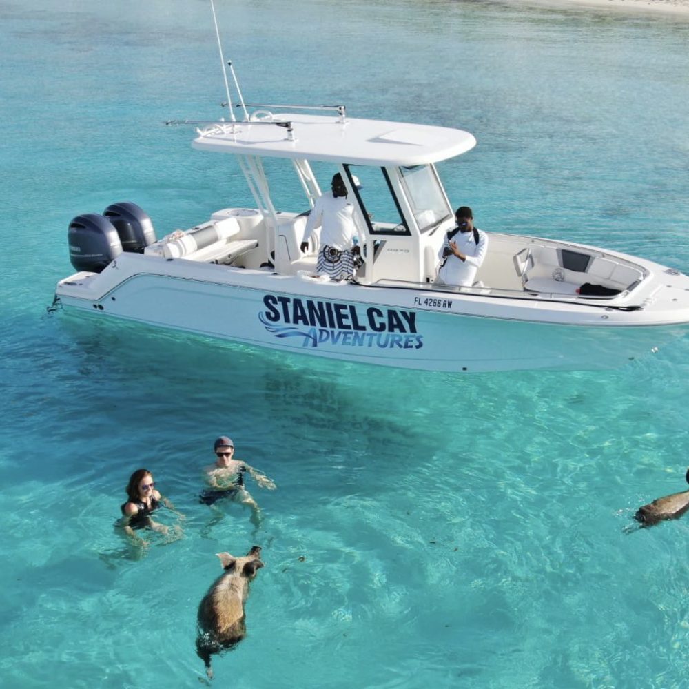 Staniel Cay, Exuma Bahamas A white motorboat labeled "Staniel Cay Adventures" in clear turquoise water with three people and three swimming pigs nearby.